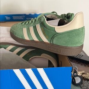 adidas Gazelle Suede Sneakers in Green and Cream with Brown Sole